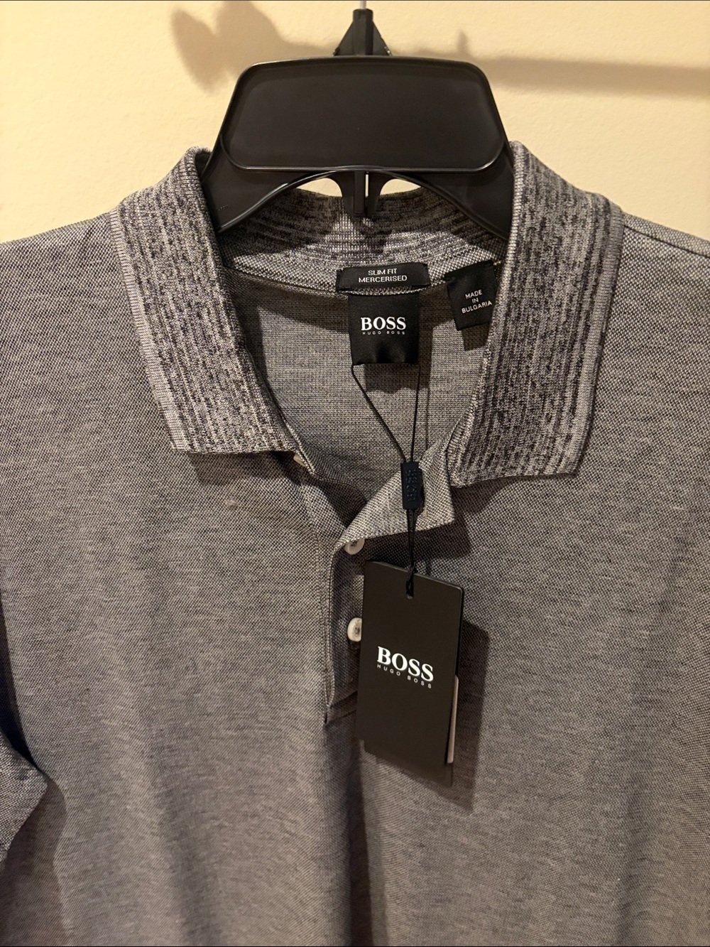 BOSS Heather Grey Slim Polo with Textured Collar
